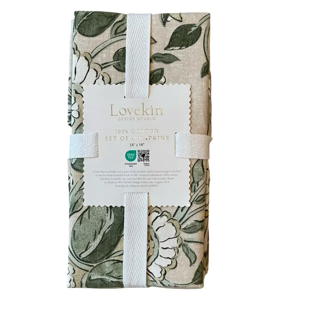 LOVEKIN Tavi Bloom Napkins 18x18 Green Spring Floral 100% Cotton NEW
